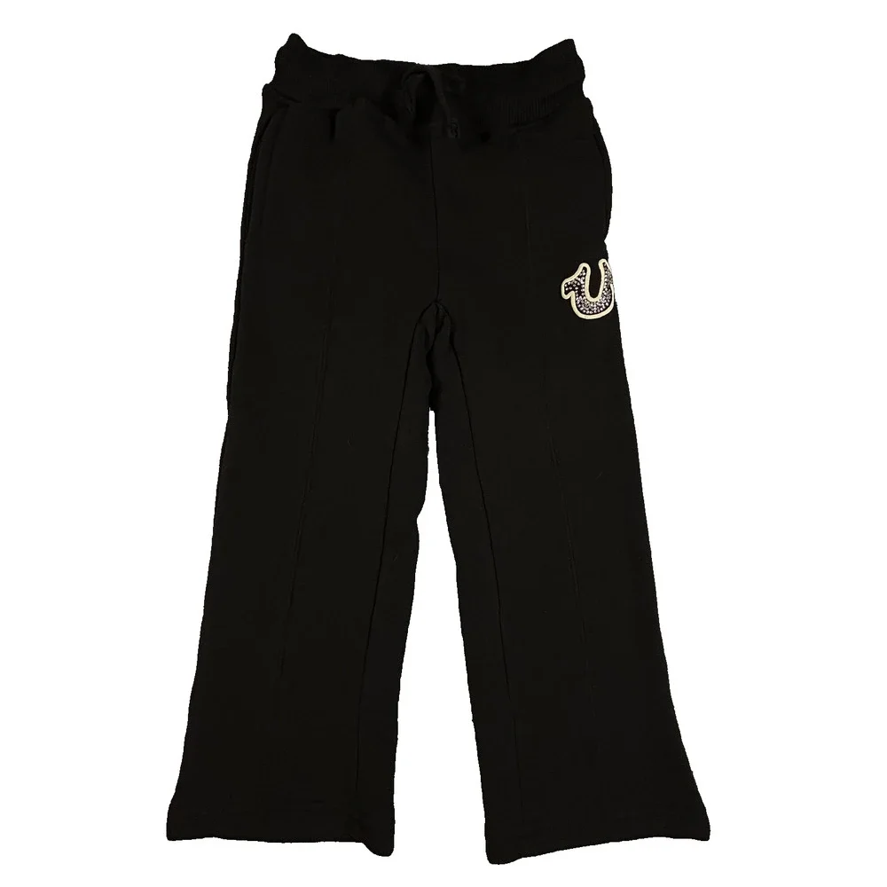 True Religion Pants Girls 4T Black Fleece Sweatpants Drawstring Logo Patch Youth